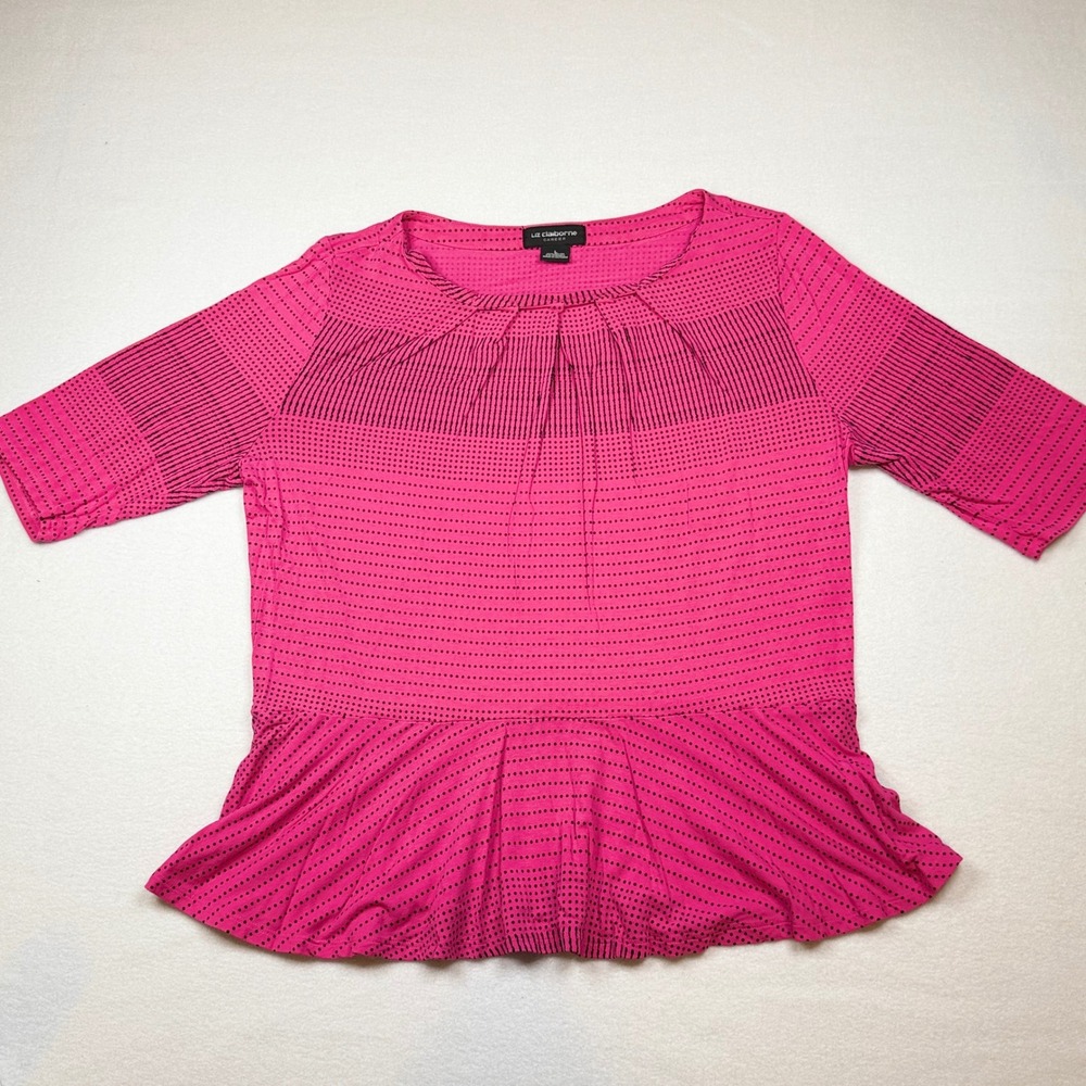 Liz Claiborne Career Pink Dotted Peplum Top Elbow Sleeve Pleated Neck Large